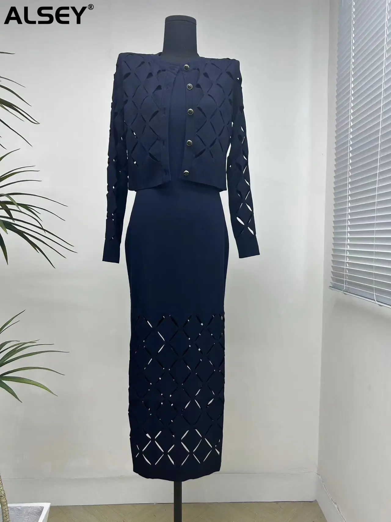 

ALSEY Sexy Temperament Hollow Women's Dresses Solid Color Elegant Summer New Fashion Design Office Ladies Loose Dress Clothing
