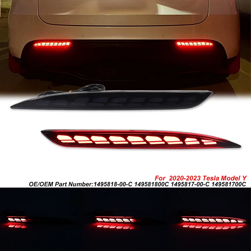 

2PCS Car Rear Bumper Reflector For Tesla Model Y Function as Tail, Brake, Rear Fog or Dynamic Turn Signal Lamp Brake Light 20-24
