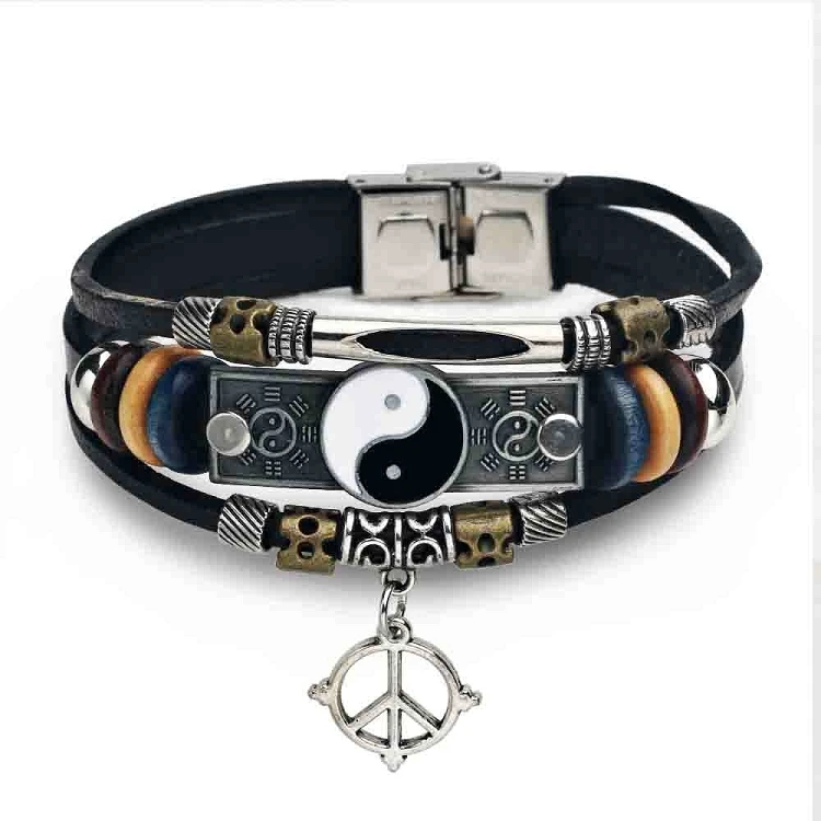 Tai Chi Gossip Bracelet Retro Leather Bracelet Personalized Alloy Handmade Multi-layer Beaded Prayer Meditation Bracelet Male