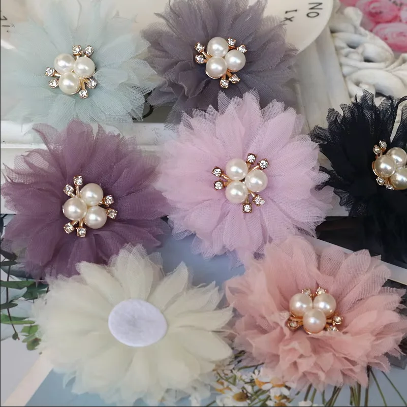 10PCS/Lot 6.5CM Pearl Center Chiffon Flowers Hair Accessories DIY Flower Wedding Girls Dress Clothing Decorations