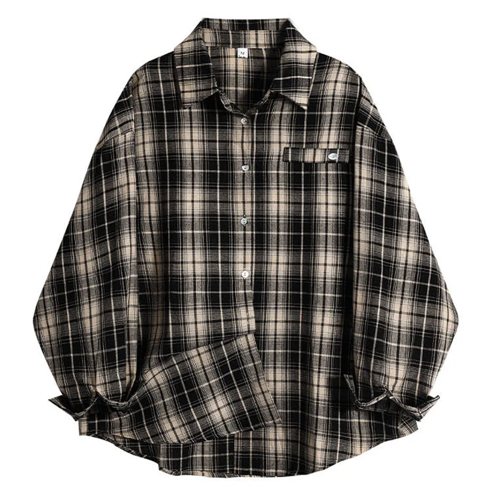 

Color Block Plaid Womens Denim Shirt Polo Collar Loose Fit Long Sleeve Top Spring Summer Single Button Cardigan Womens Clothing