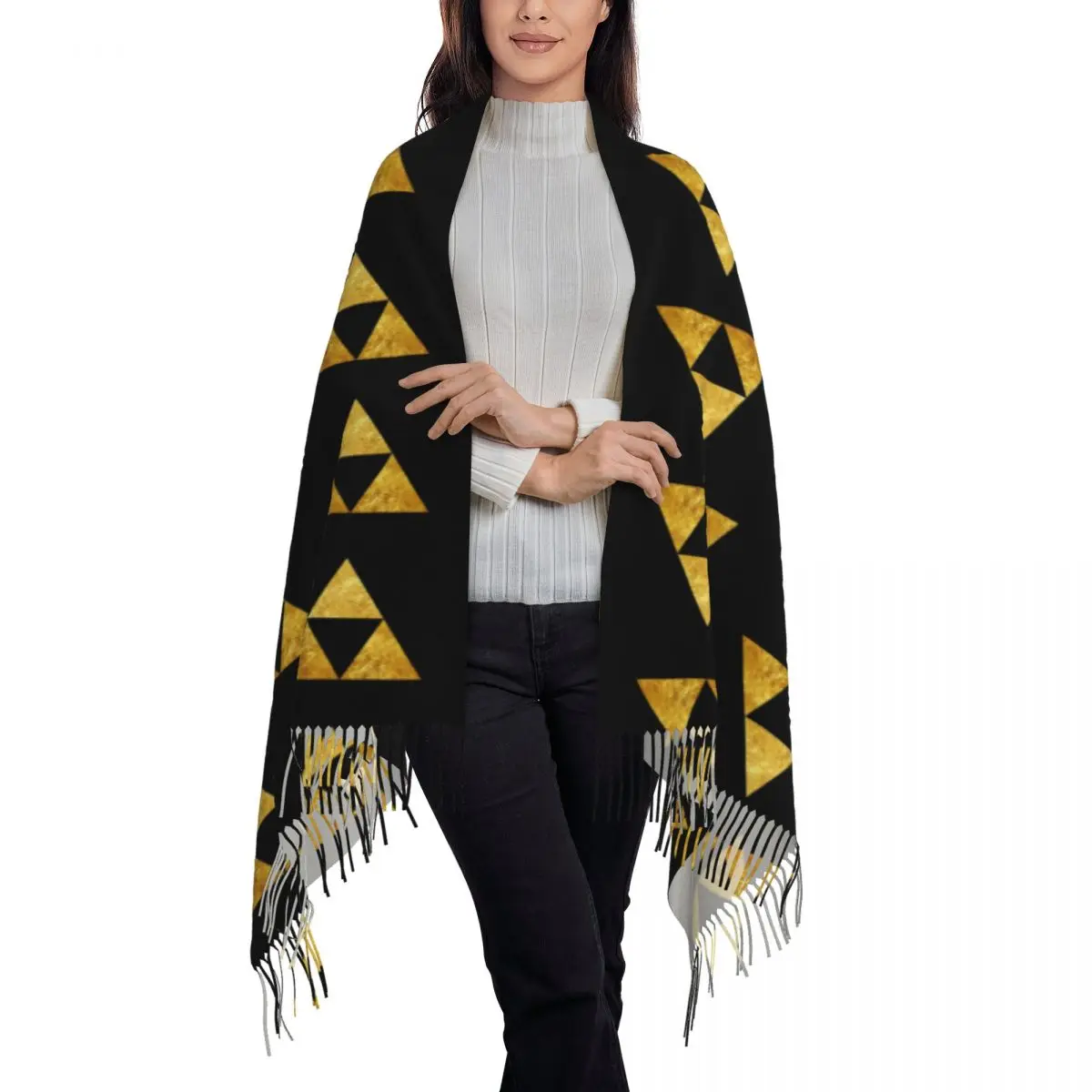 Gold Triforce Symbol Zelda Scarf Tassel Scarves for Women Soft Warm Shawls and Wraps Large Fall Winter Shawl Wrap