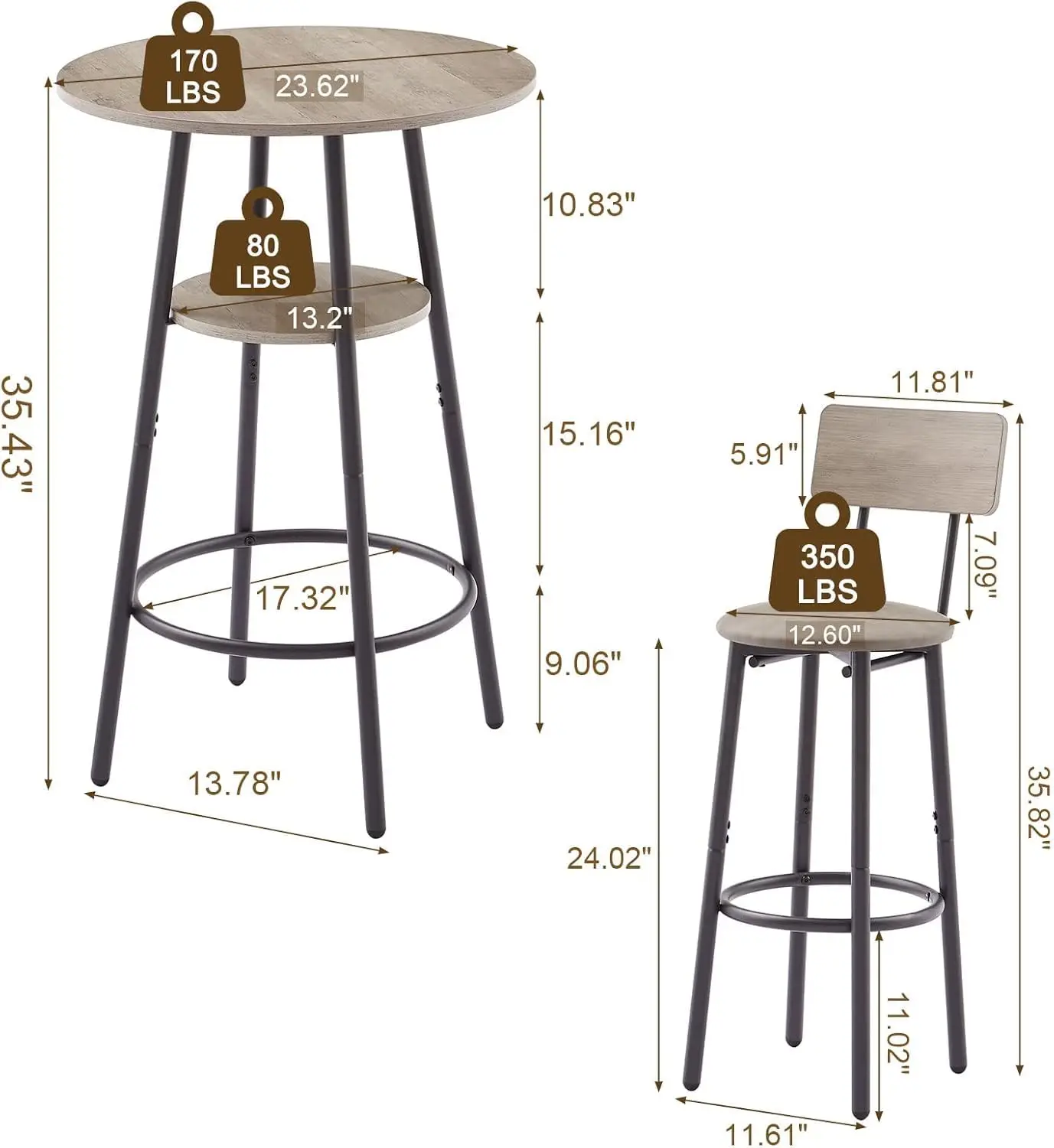 Small Round Dining Table Set with 2 PU Upholstery Stools, Counter Height Bar Table with Storage for Apartment Bistro, Customized