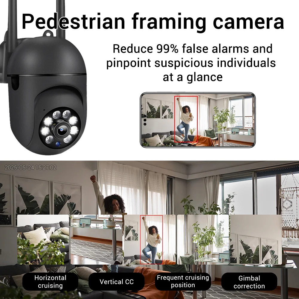 Câmera HD de 8 MP com zoom digital 4X, visão noturna colorida, detecção humana automática e função Bluetooth