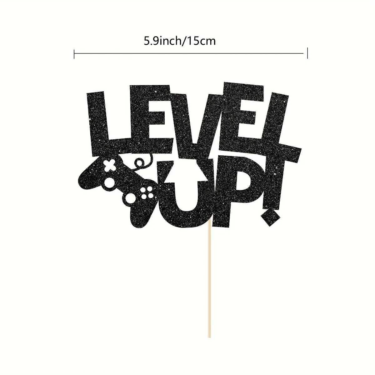 1pc Level Up Video Game Cake Topper - Glittery Black Paper Decoration with Game Controller Design