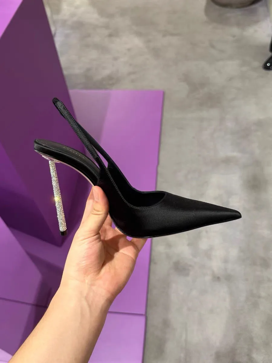 Crystal Heel Pointed Toe Sandals Satin Stiletto Slingback Women Shoes Summer Ankle Strap Female Pumps Fine Heel Sandalias Mujer