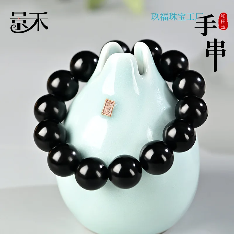 Hotan Black Men, Natural Jadeite Bracelet Women, Single Circle Round Beads