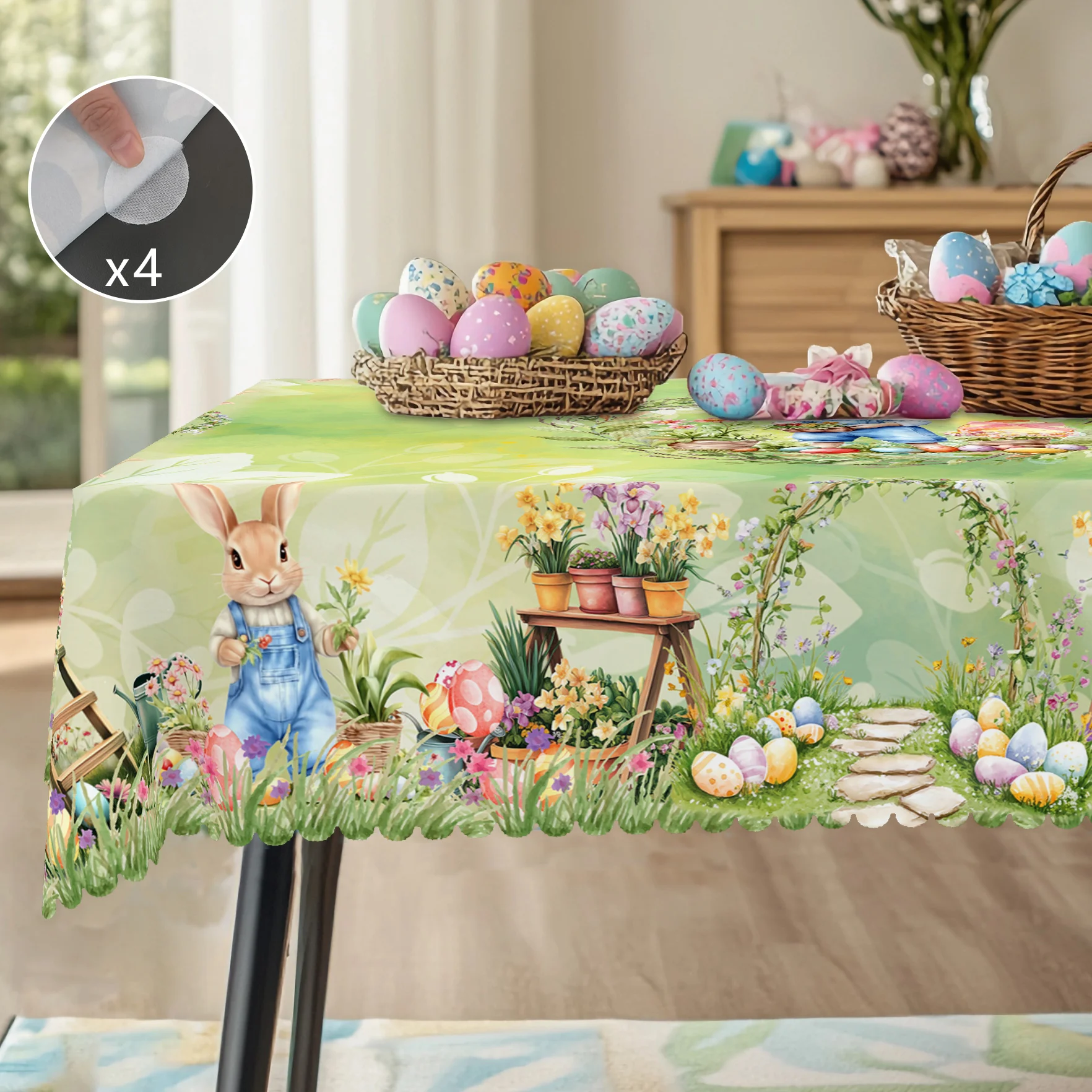1 Easter Round Tablecloth, 5 Sizes Available, Retro Style Garden Easter Bunny Egg Print Tablecloth, Edge Embossing Process, Spring Garden Tablecloth