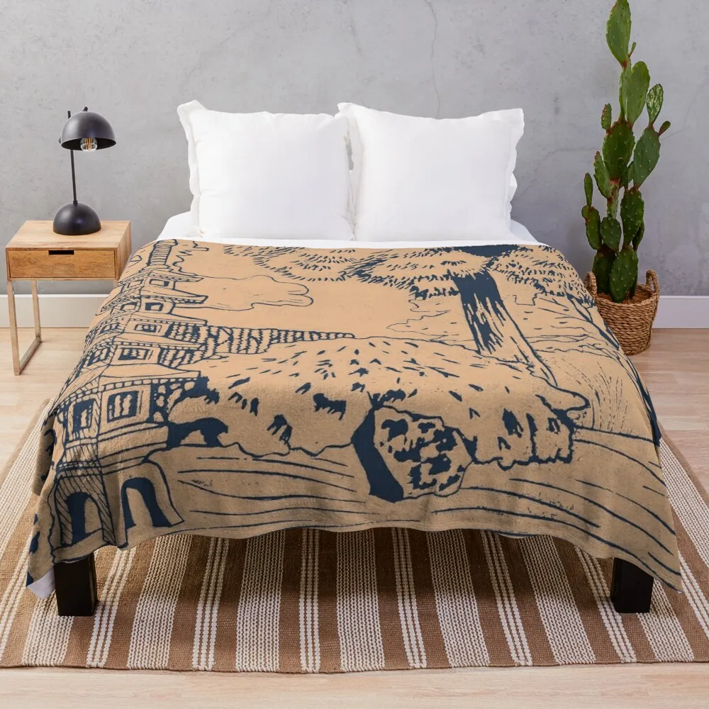 Japanese Garden with Pagoda Linocut Print - Dusk + Melon Throw Blanket Polar Winter beds Blankets