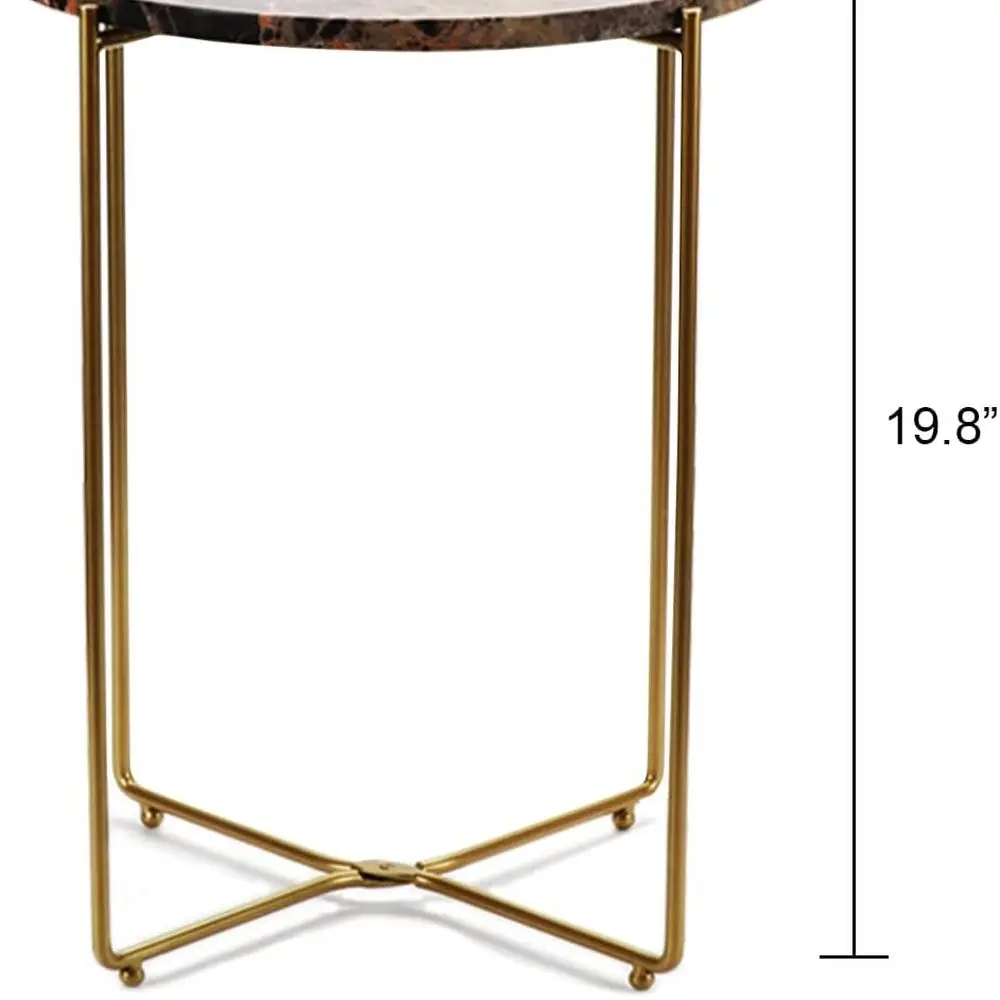 大理石の天板が付いたモダンなゴールドの丸いエンドテーブル。リビングや寝室の狭いスペースに最適です。