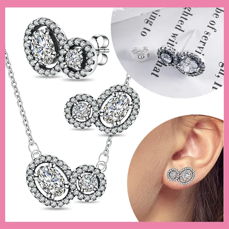 

New Silver 925 Sparkling Double Halo Zircon Earring Necklace Shiny Zircon Jewelry Sets for Women Date Fine Gifts Matching