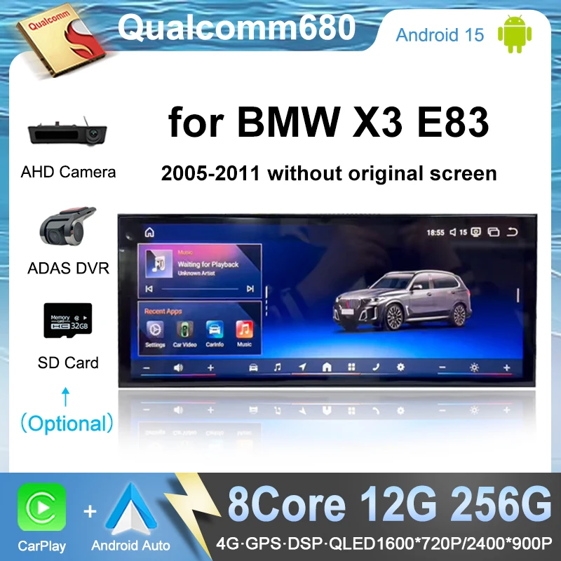 

12,3-дюймовый Android 15 для BMW X3 E83 2005-2011 без оригинального экрана, беспроводной CarPlay, автомобильное радио, мультимедийный плеер, GPS, DVD
