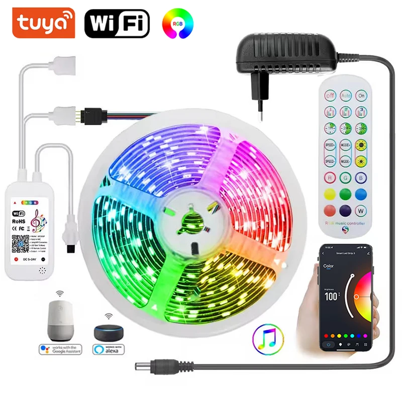 30M 12V Smart WiFi LED Strip Lights With Adapter APP Control Music Sync Remote LED Tape Lights Work With Alexa For Bedroom