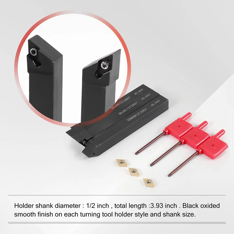 NEW-3Pcs 1/2 Inch CNC Lathe Carbide Turning Tools Indexable Holder Set SDNCN1212H07 + SDJCL1212H07 + SDJCR1212H07+3Pcs DCMT07020