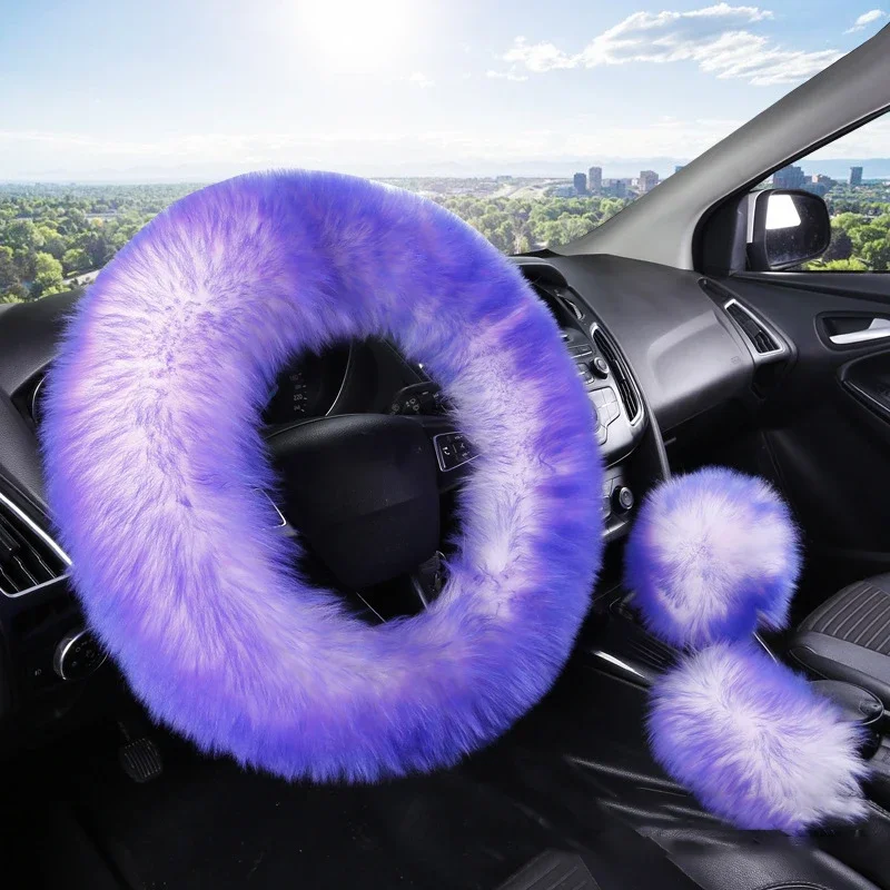 3PCS Set Real Wool Fur Soft Steering Wheel Covers Furry Long Hair Womens Winter Fashion Handle Cover Car Decoration Accessories