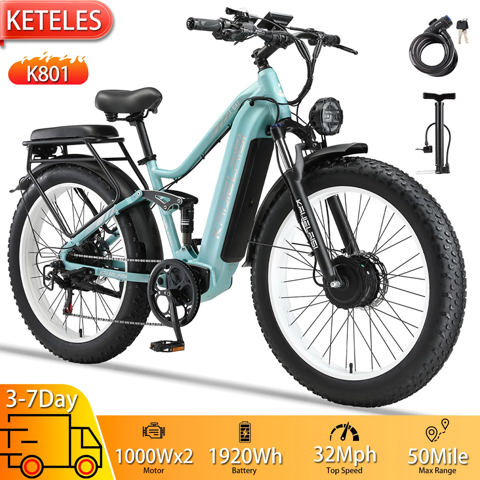 

Electric Bicycle All Terrain 26"Fat Tires 1000Wx2 Motors Ully Suspended Adult Electric Bike 60V 32AH Top Speed 33Mph 7 Speed New