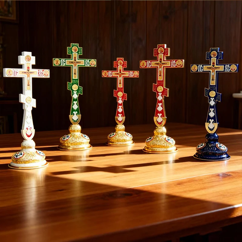 Neues Orthodoxes Kruzifix, vergoldetes Standkreuz mit religiösen Porträts, christliche Altardekoration für Zuhause, orthodoxes Geschenk – Detail 1