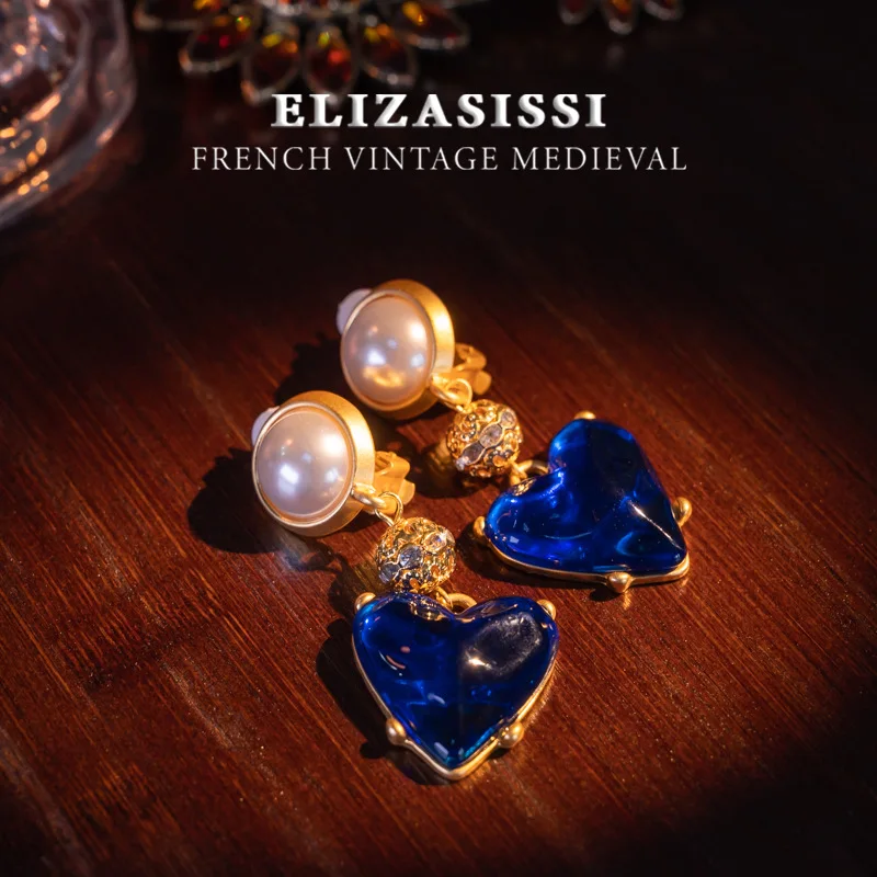 French Court Style Vintage Light Luxury Color Dripping Oil Heart-shaped Pearl Earrings For Women Jewelry