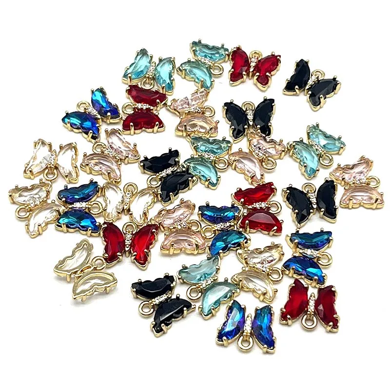 30Pcs Shiny Crystal Butterfly Glass Pendant Copper Border Multicolor Animal Charm DIY Jewelry Making  Supplies  Cute  Sweet Gift