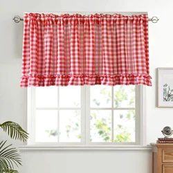1 Panel Classic Red Plaid Ruffle Short Curtain for Kitchen Small Window Sheer Voile Drape Bedroom Rod Pocket Coffee Half Curtain