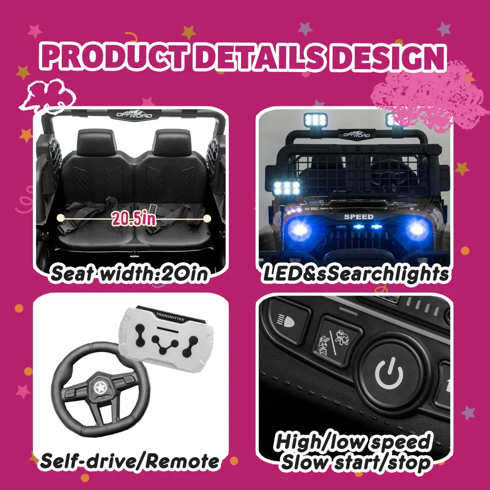 Samochód dla dzieci z napędem elektrycznym 24V 100W*2, dwuosobowy, sterowany pilotem, 3-stopniowa regulacja prędkości, reflektory LED, amortyzacja na 4 kołach, USB/MP3