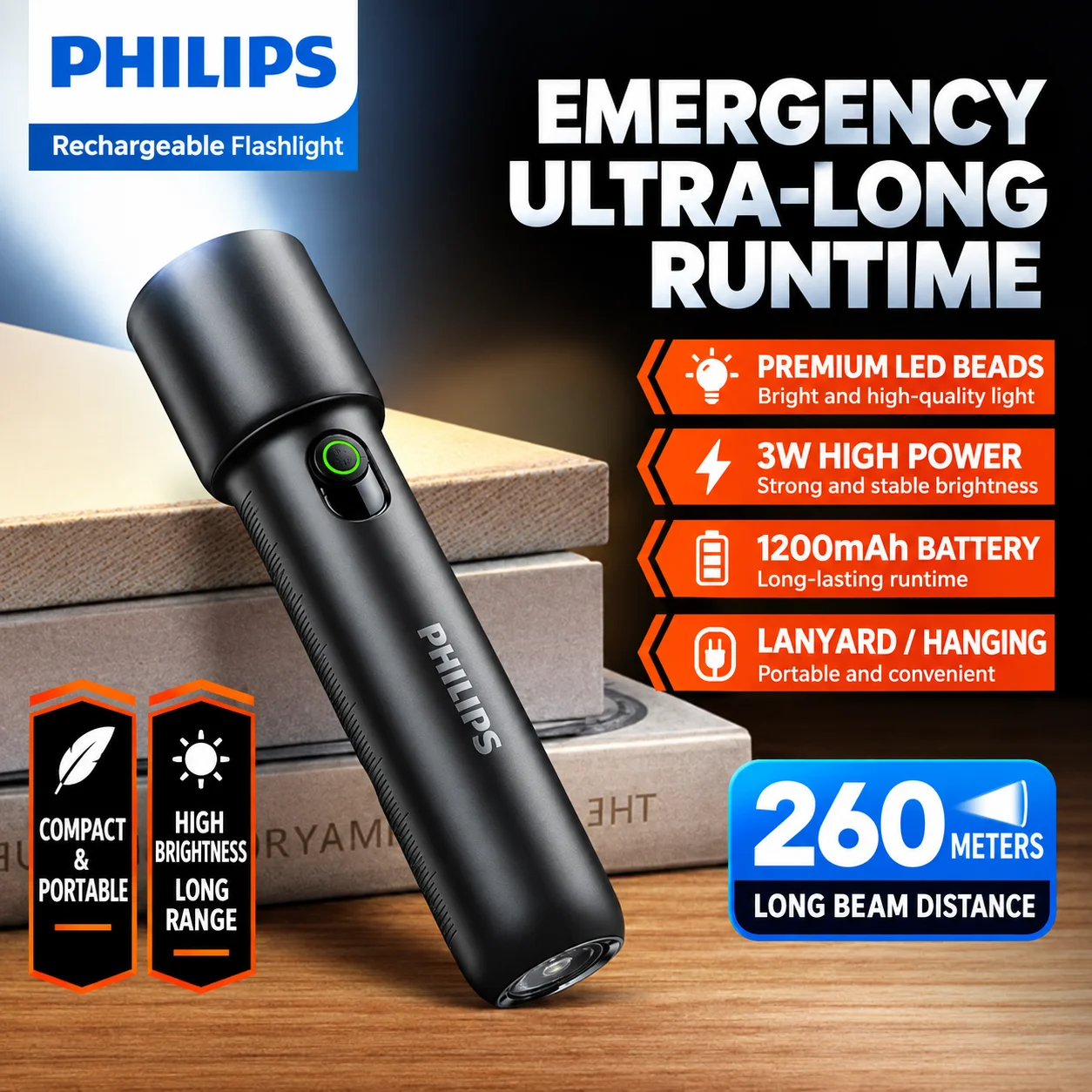 Philips 2026 New EDC Portable Flashlight Rechargeable LED Flashlights for Defensa Personal Self Defense Camping Hiking