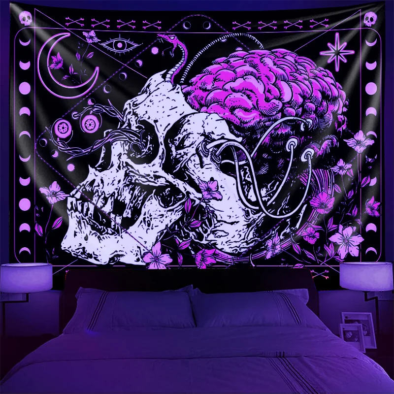 VIKAMA Gothic Dark Skull Gehirn Wandteppich Dunkler Stil Wandbehang Schlafzimmer Escape Room Decor Gothic Thema Wohnzimmer Zimmer Dekor