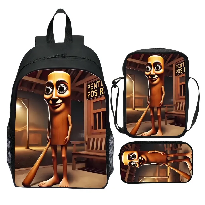 New printed Italian Brainrotm wooden stick three piece set cartoon elementary school backpack crossbody bag pencil case