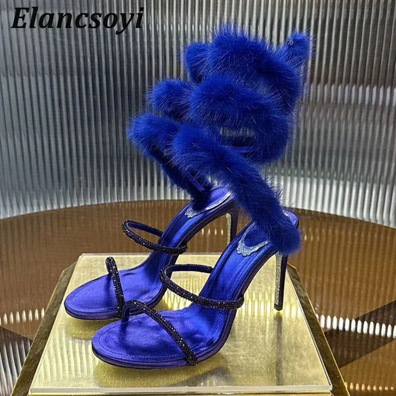 Thin Heels Sandals Women Shiny Rhinestone Fur Snake Shaped Winding High Heels Sandalias Summer Fashion Banquet Runway Shoes