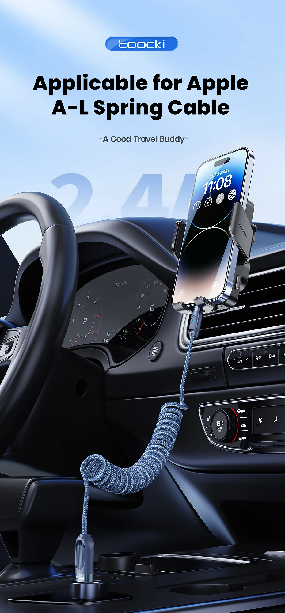 Toocki Auto-USB-Lightning-Kabel 2.4A, spiralförmiges, teleskopisches Schnellladekabel für iPhone 14 13 12 Pro Max 8 7 Lightning-Ladekabel – Detail 1