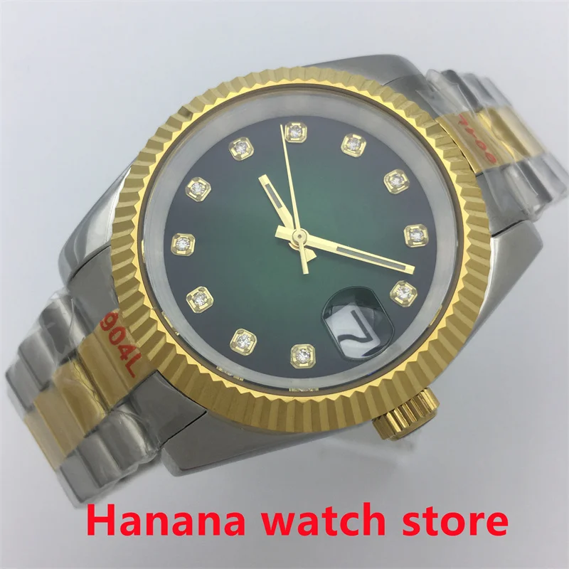 

BLIGER 36mm 39mm noologo NH35A two-tone Gold recessed bezel President Bracelet Sapphire Crystal Automatic Men's Watch