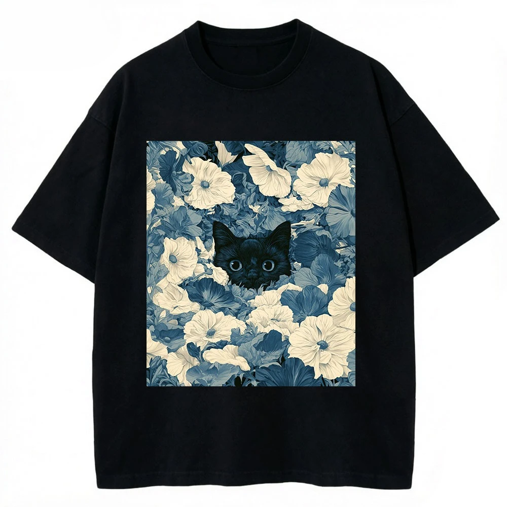 Vintage Black Cat Floral Graphic T Shirt Retro Hidden Kitten Flower Art Print Unisex Cotton Crew Neck Short Sleeve Street Tee