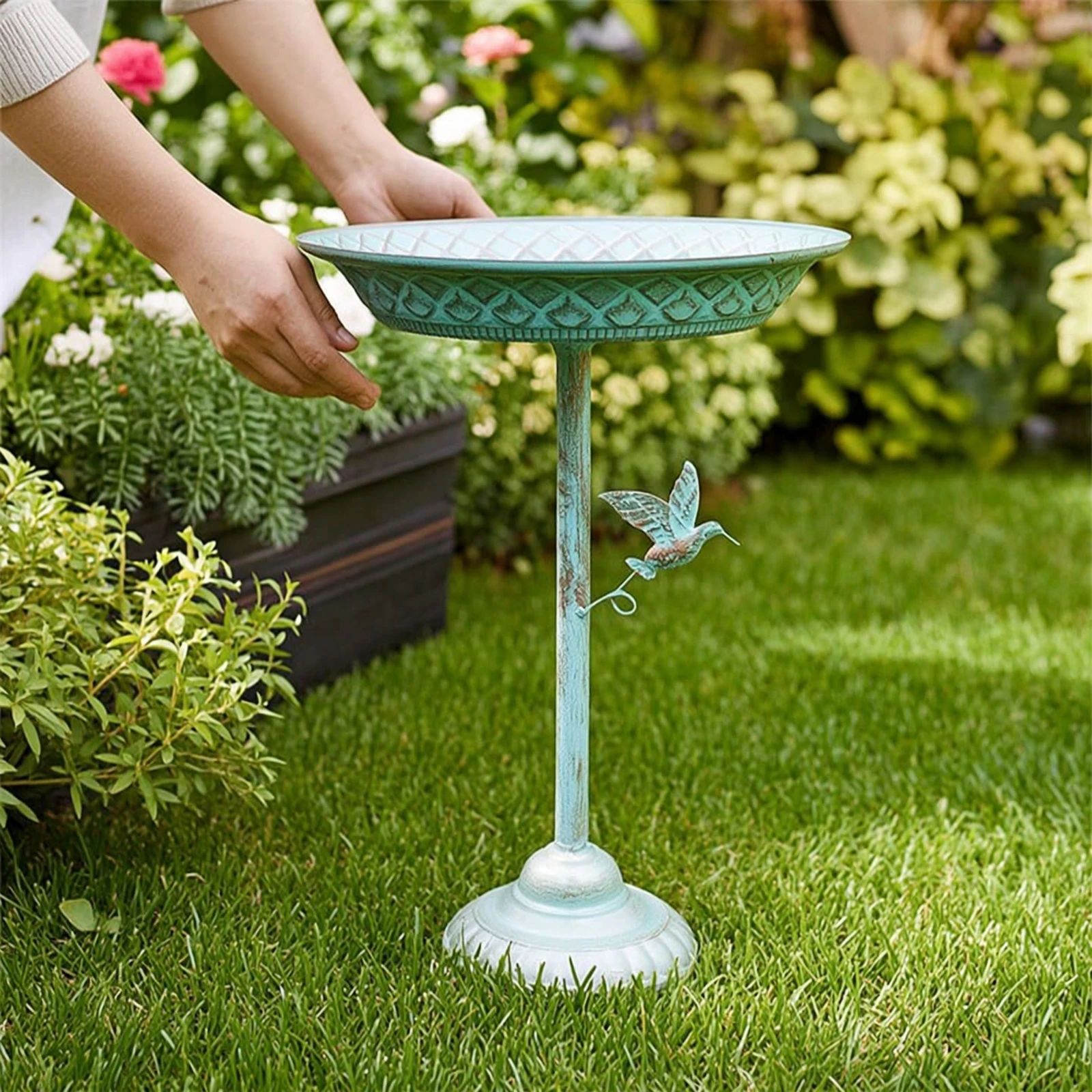 Pedestal Bird Bath Embossed Bird Bath with Pedestal Birdbath Bowl Weighted-Base Decor Fillable for Gardeners, Patio, Yard