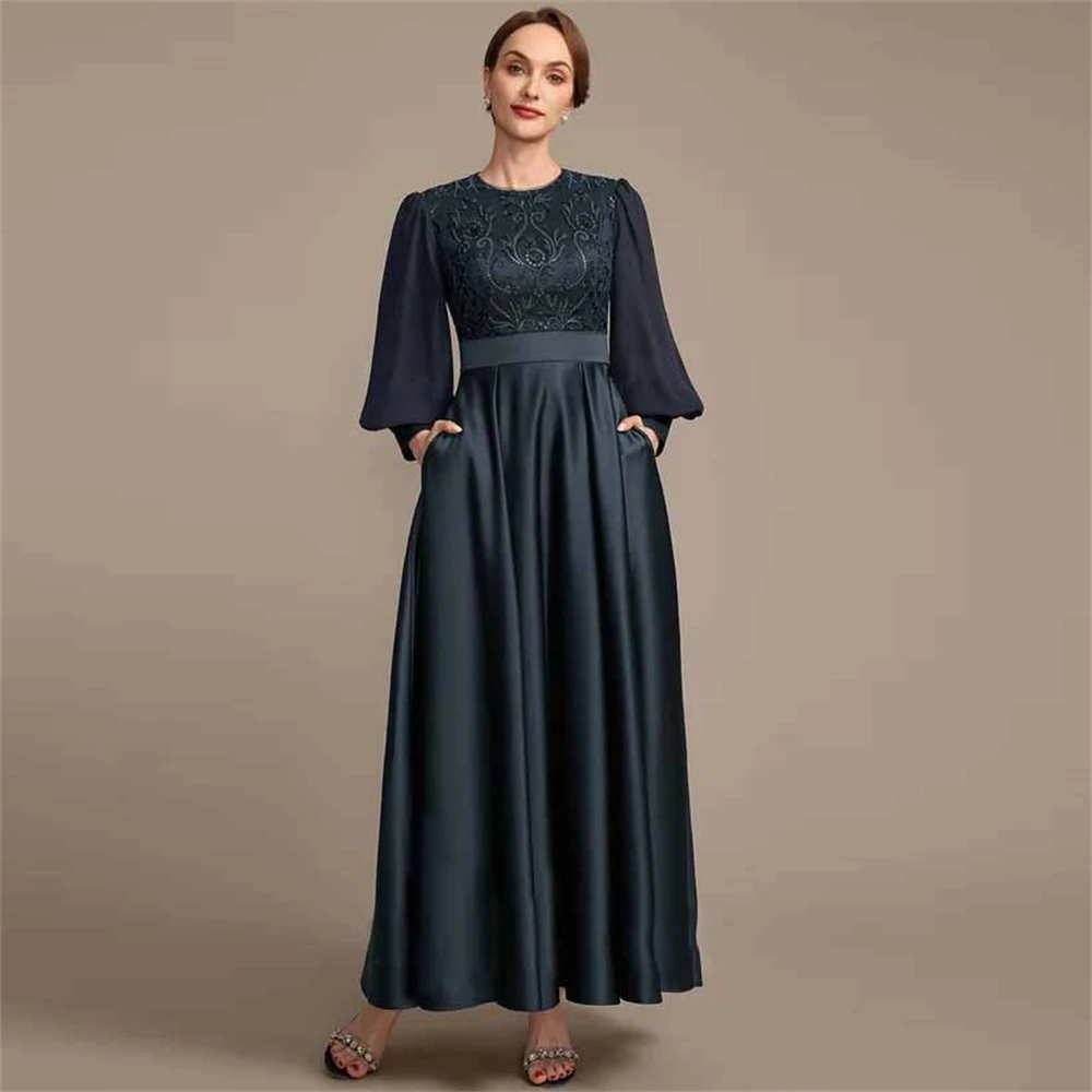 Retro sexy high quality elegant Transparent Sleeve dark-colored Satin Lace printing Crew high-waist Mother Evening Dress