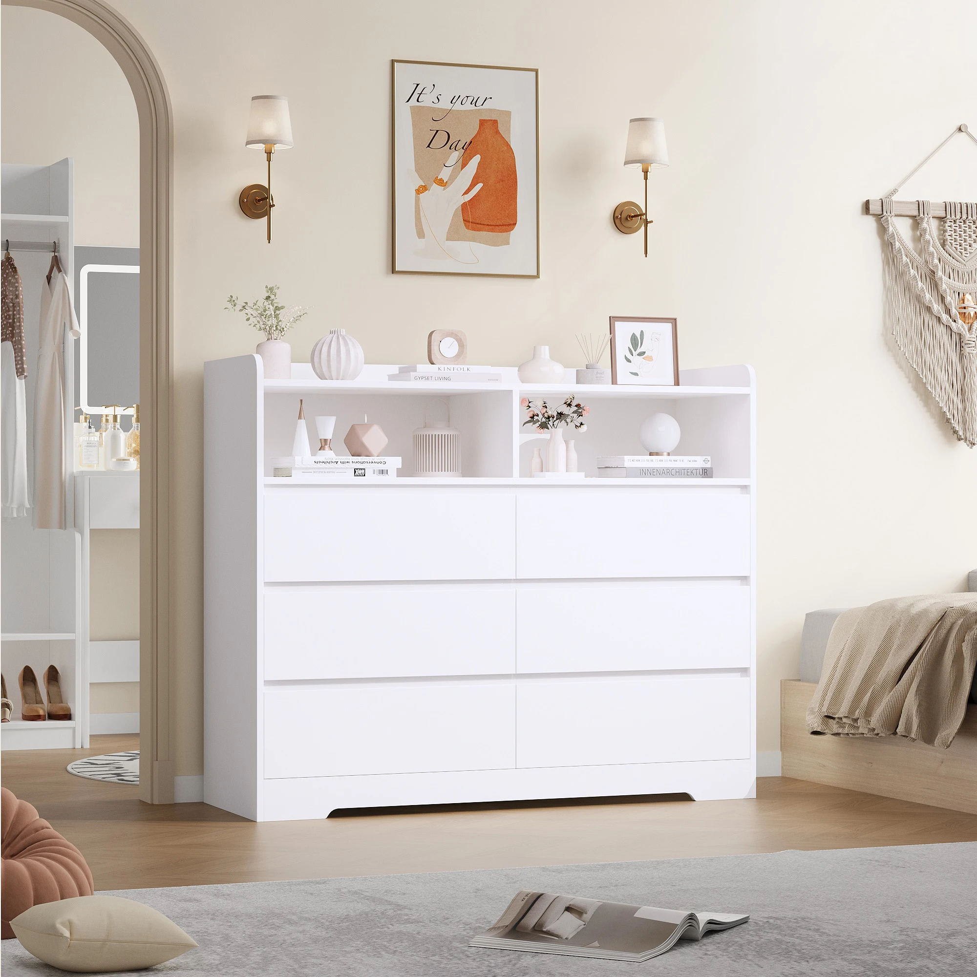 Getone Chest of Drawers Bedroom Storage Cabinet with 6 Drawers 2 Compartments Sideboard Furniture Wooden 120x40x100cm