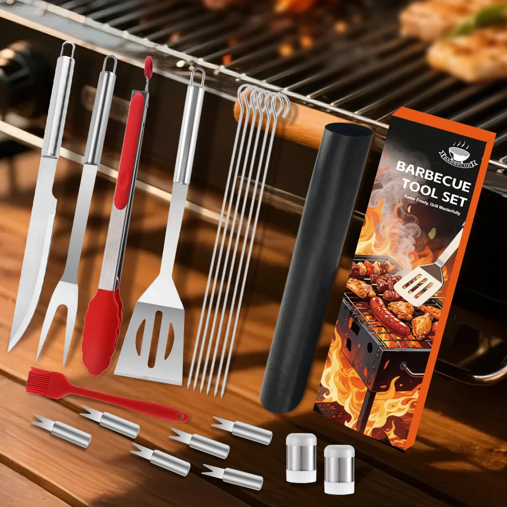 

BBQ Barbecue Tool Set Stainless Steel Fork Shovel Clip Outdoor Grill Bag 21 Piece Set