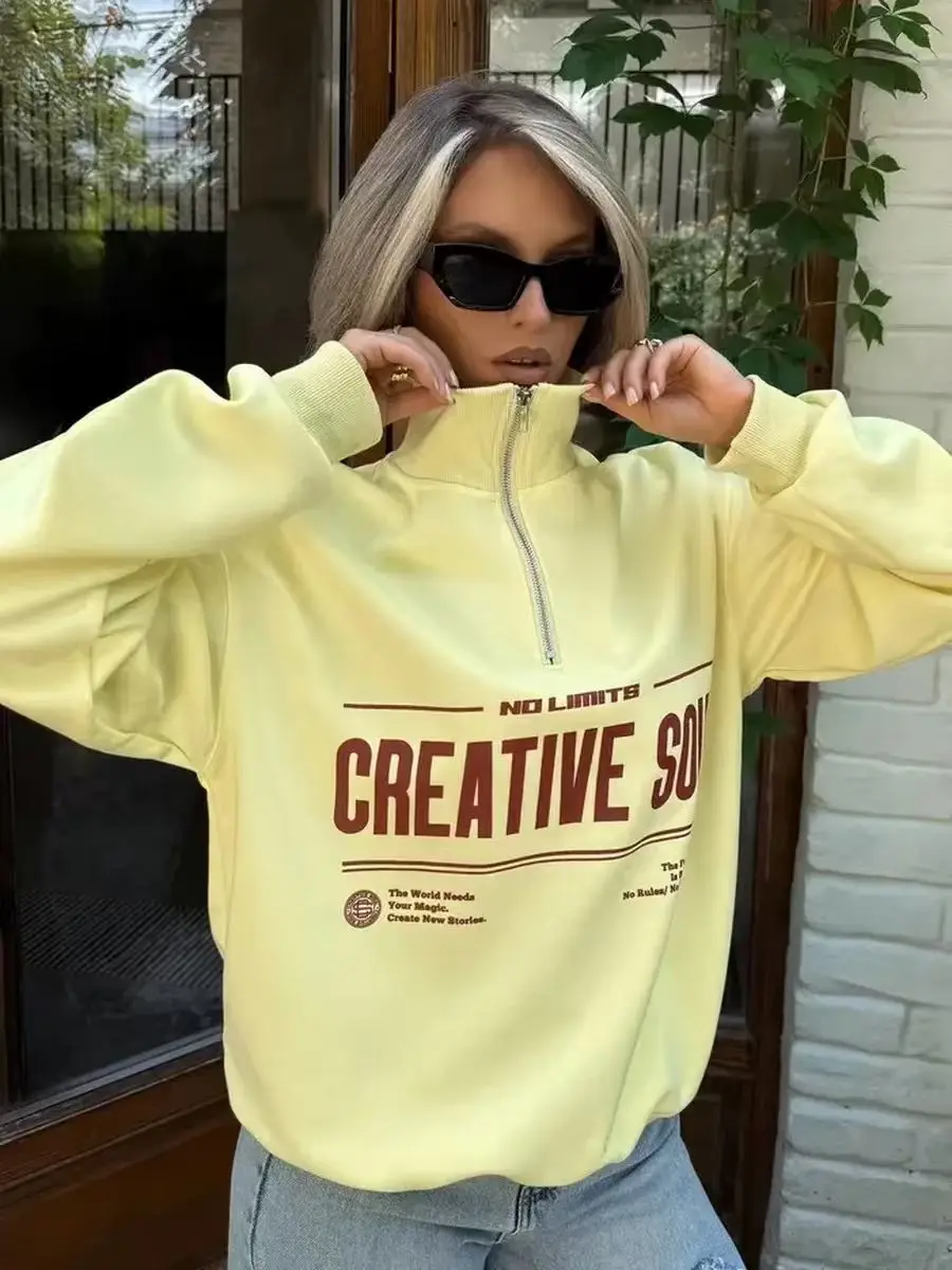 Classic Turn-down Collar Yellow Sweater Creative Soul Retro Printing Large Size Loose Sweatshirts Autumn Trendy Long Sleeve Tops