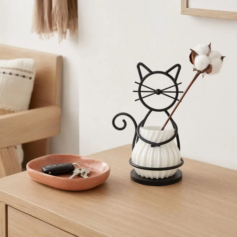 3D Printed Cat Shaped Vase Creative Multi-functional Metal Stand Flowerpot Ornaments Home Decor Pencil Holder Tabletop Use