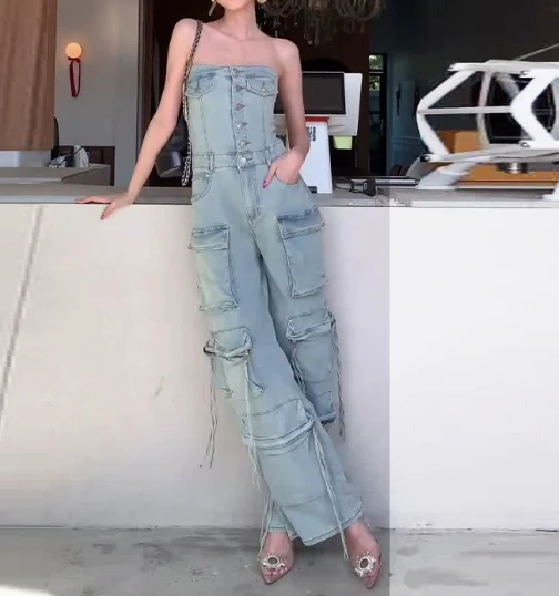 Sweet and spicy American retro workwear denim strapless jumpsuit women's spring and summer fashion denim long jumpsuit