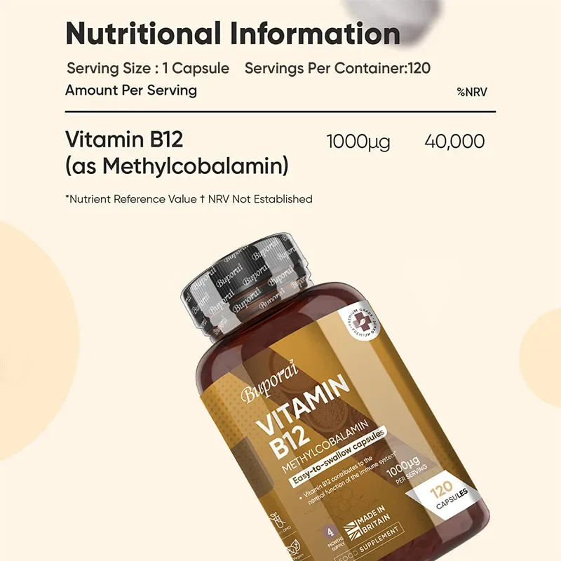 Vitamin B12 Supplement - Boosts Cellular Energy, Support Brain Function and Nervous System Health, Improves Mental Clarity