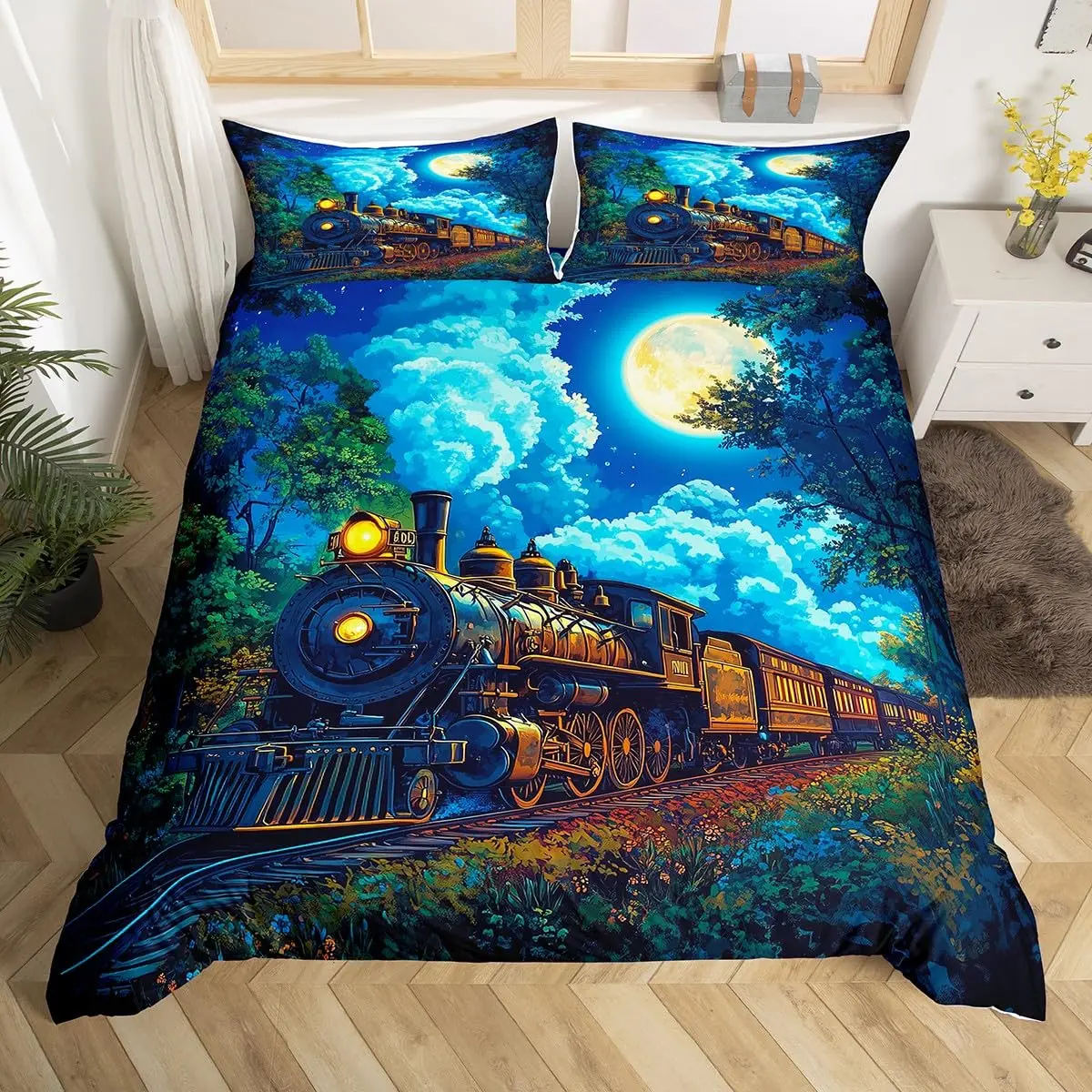 

Cartoon Train Duvet Cover Twin Queen Retro Vehicles Bedding Set Steam Engine Train Comforter Cover for Girls Boys Room Decor
