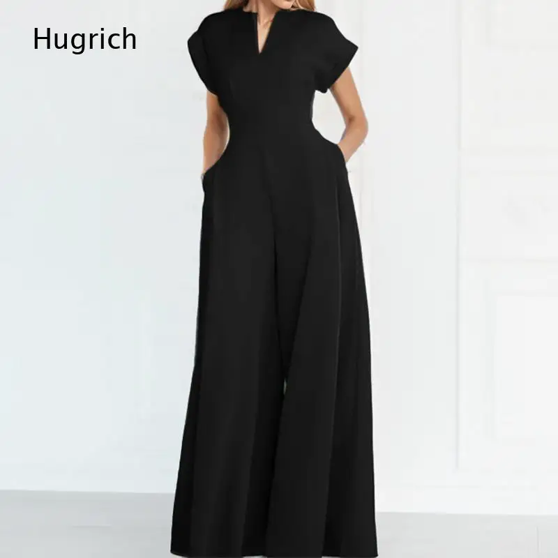 Women Bright Green Notched V Neck Capped Short Sleeve High Waist Wide Leg Jumpsuit with Side Pockets Elegant Formal Long