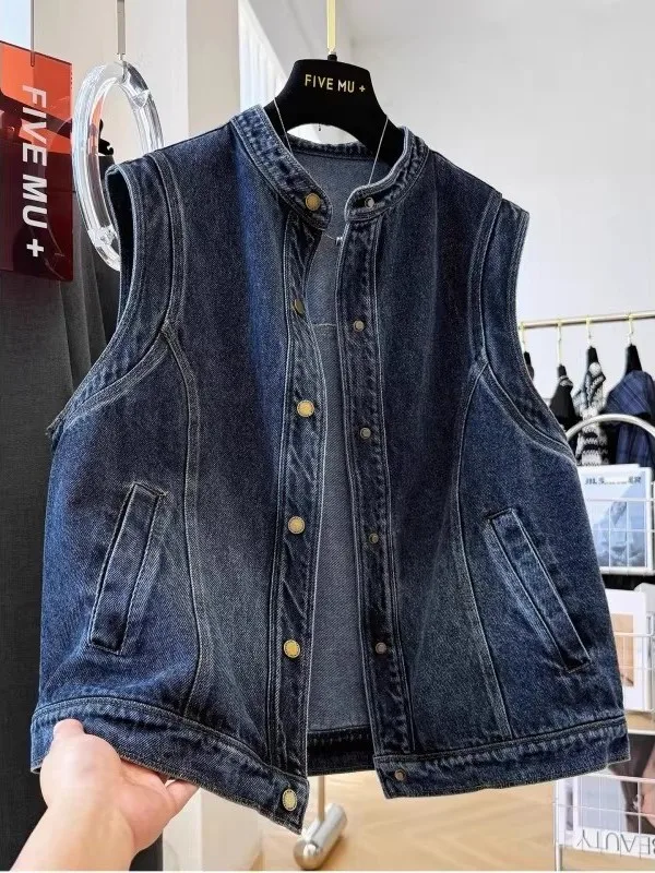 

Large Size Denim Vest ex Svel Stand Collar Retro Sle Youth Faion Spring Season Casual Wear Comfortable Fit
