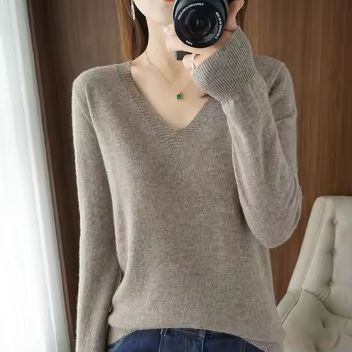 New Cashmere Women's V-neck Pullover Lace Neck Hollow Out Design Casual Knitted Long Sleeve Women's Sweater Autumn And Winter - Image 4