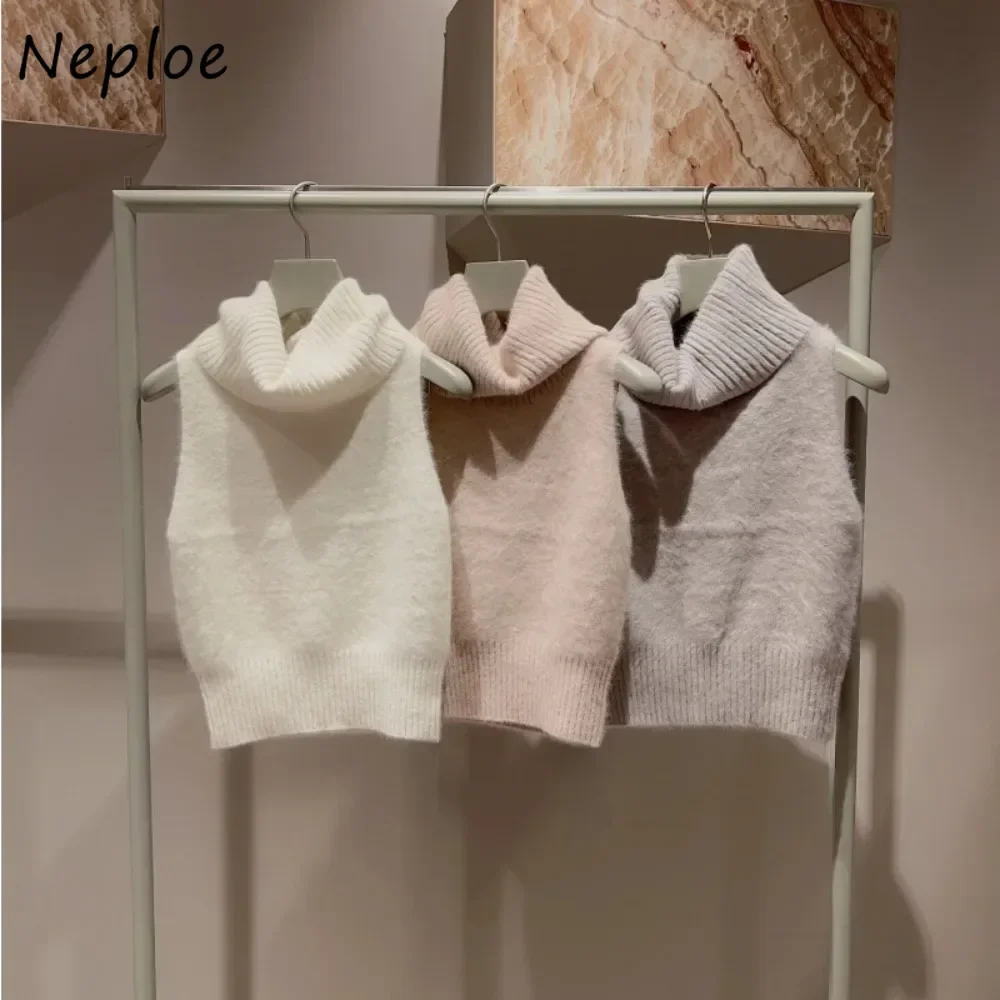 Neploe Vintage Warm Turtleneck Sleeveless Jumper Fur Hairy All-match Sexy Exquisite Pullover Japan Sweet Office Lady Knitted