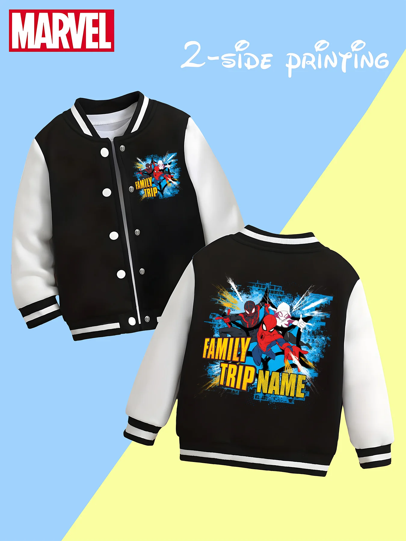 

MINISO Marvel boys' baseball jacket - Spider-Man family adventure print, double-sided pattern with "FAMILY TRIP" elements, suita