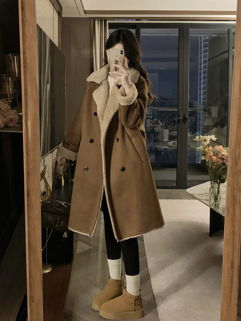 

Женская кожаная шуба больших размеров из замши и хлопка на осень-зиму, удлиненная, с воротником-стойкой, средней длины, верхняя одежда