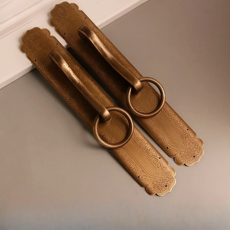 Retro Chinese Style Pure Copper Carved Door Lock And Ring Antique Wardrobe Drawer Handle Classical Design Furniture Hardware