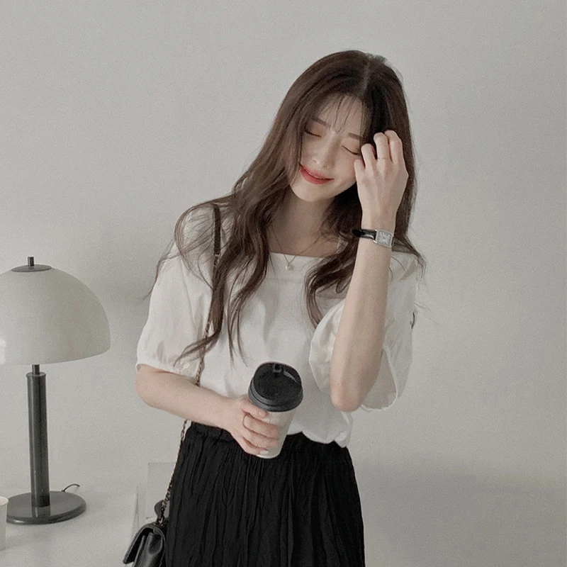 

Летняя новинка: Ретро-блузка с рукавами-фонариками и квадратным воротником, белая, с коротким рукавом, модный универсальный топ для женщин