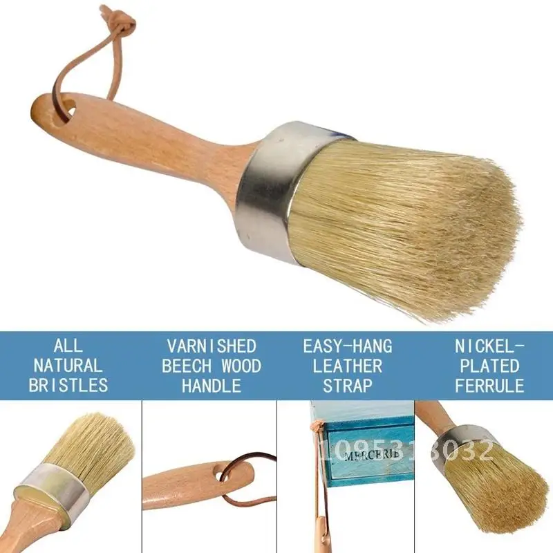 

Chalk And Wax Paint Brush Decor 2-In-1 Round Natural Stencils Bristles Large DIY Painting Furniture Home Tool For